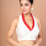 White Raw Silk sleeveless Blouse with Red Ruffle collar image 3