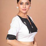 Black and White Designer Cotton Silk Blouse with Elbow Sleeves image 3