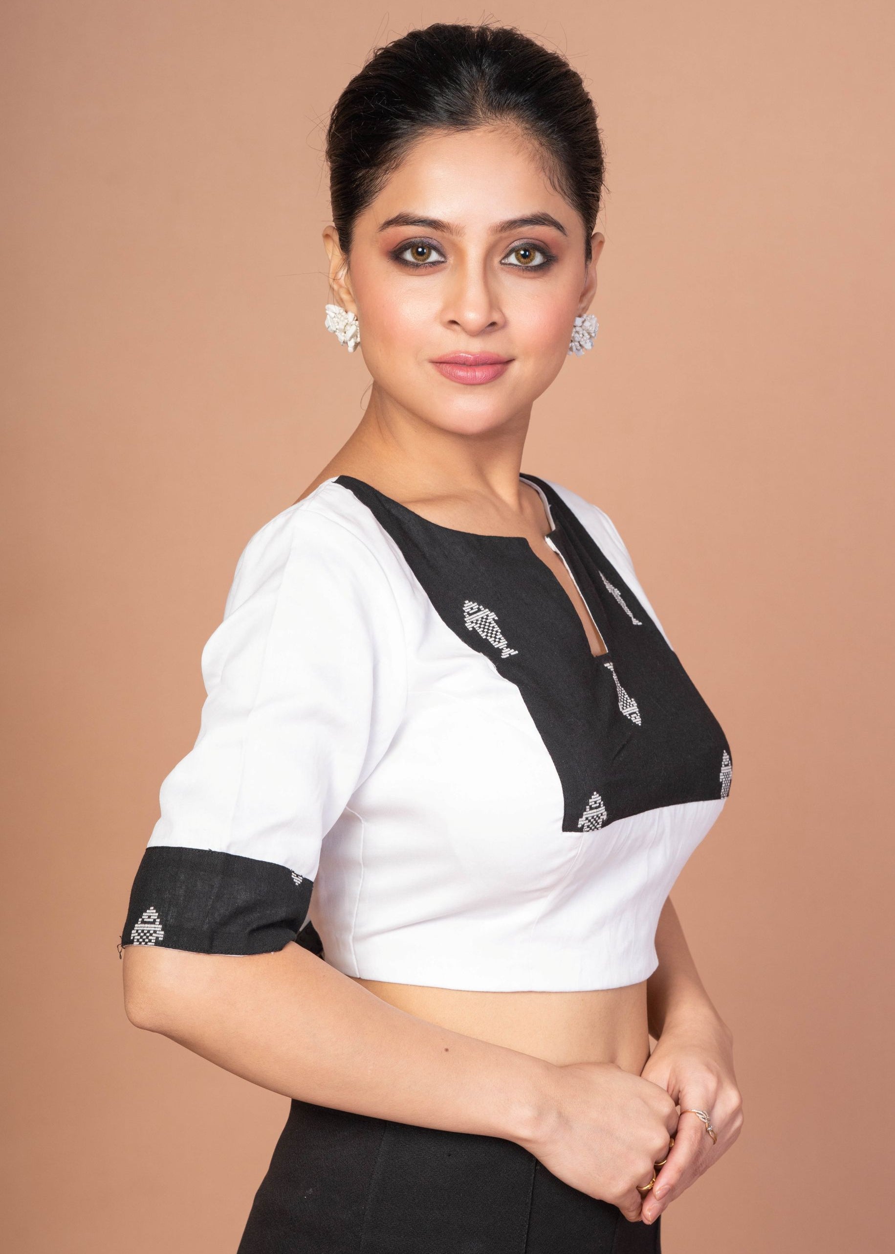 Black and White Designer Cotton Silk Blouse with Elbow Sleeves image 3