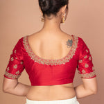 Red Hand  Embroidered Raw Silk Blouse with Round Neckline img 4
