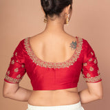 Red Hand  Embroidered Raw Silk Blouse with Round Neckline img 4