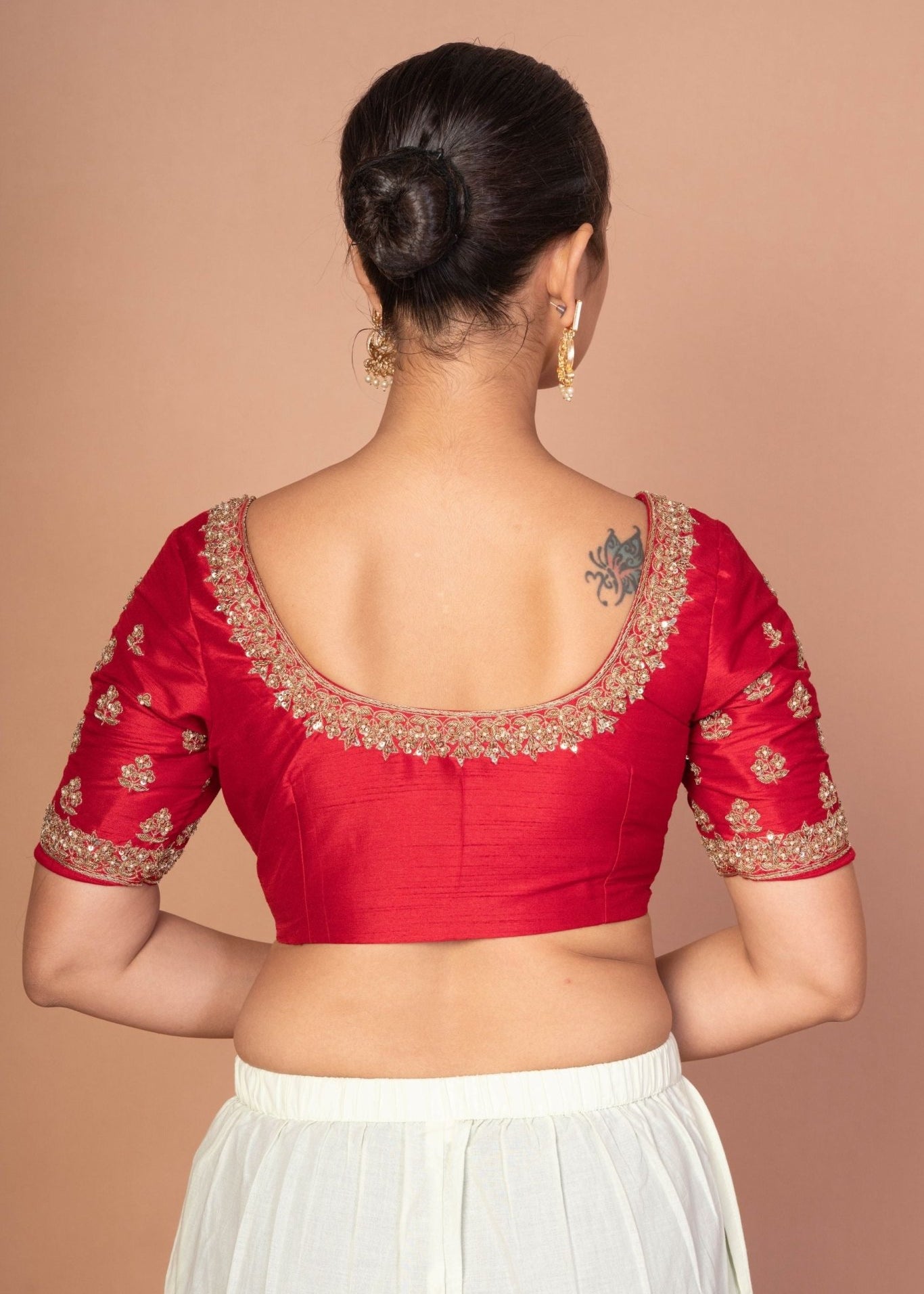 Red Hand Embroidered Raw Silk Blouse with Round Neckline - Anvi Couture