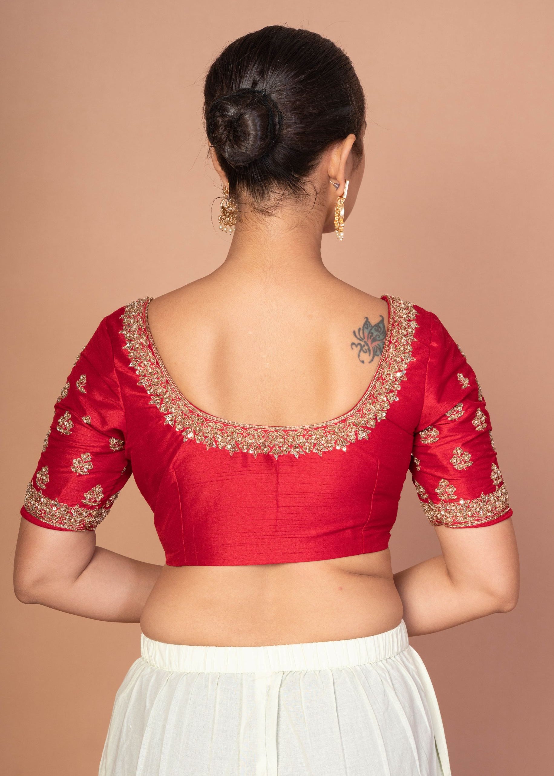 Red Hand  Embroidered Raw Silk Blouse with Round Neckline img 4