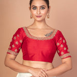 Red Hand  Embroidered Raw Silk Blouse with Round Neckline img 1