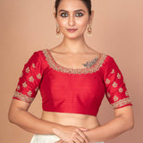 Red Hand  Embroidered Raw Silk Blouse with Round Neckline img 1