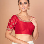 Red Hand  Embroidered Raw Silk Blouse with Round Neckline img 2