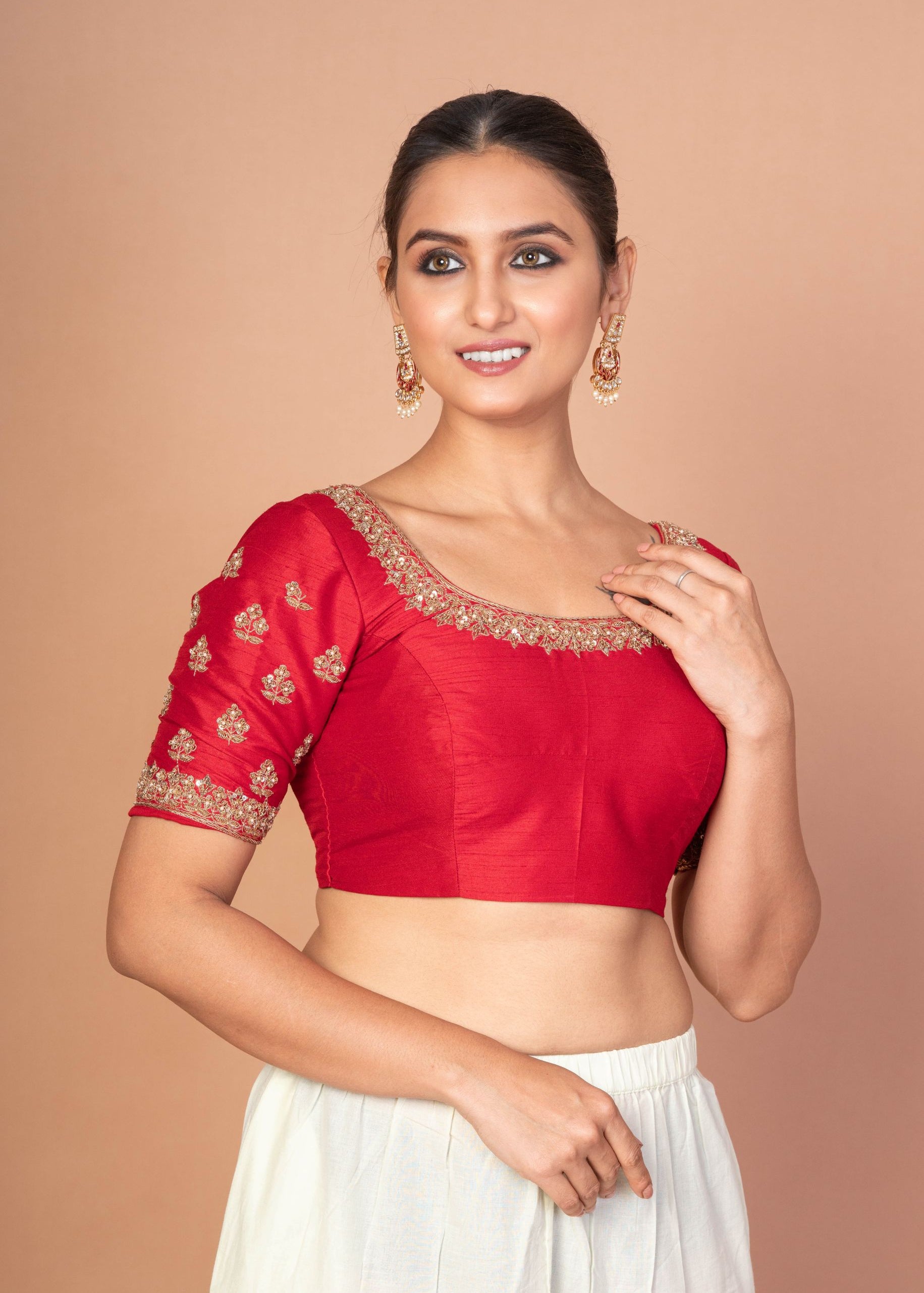Red Hand  Embroidered Raw Silk Blouse with Round Neckline img 2