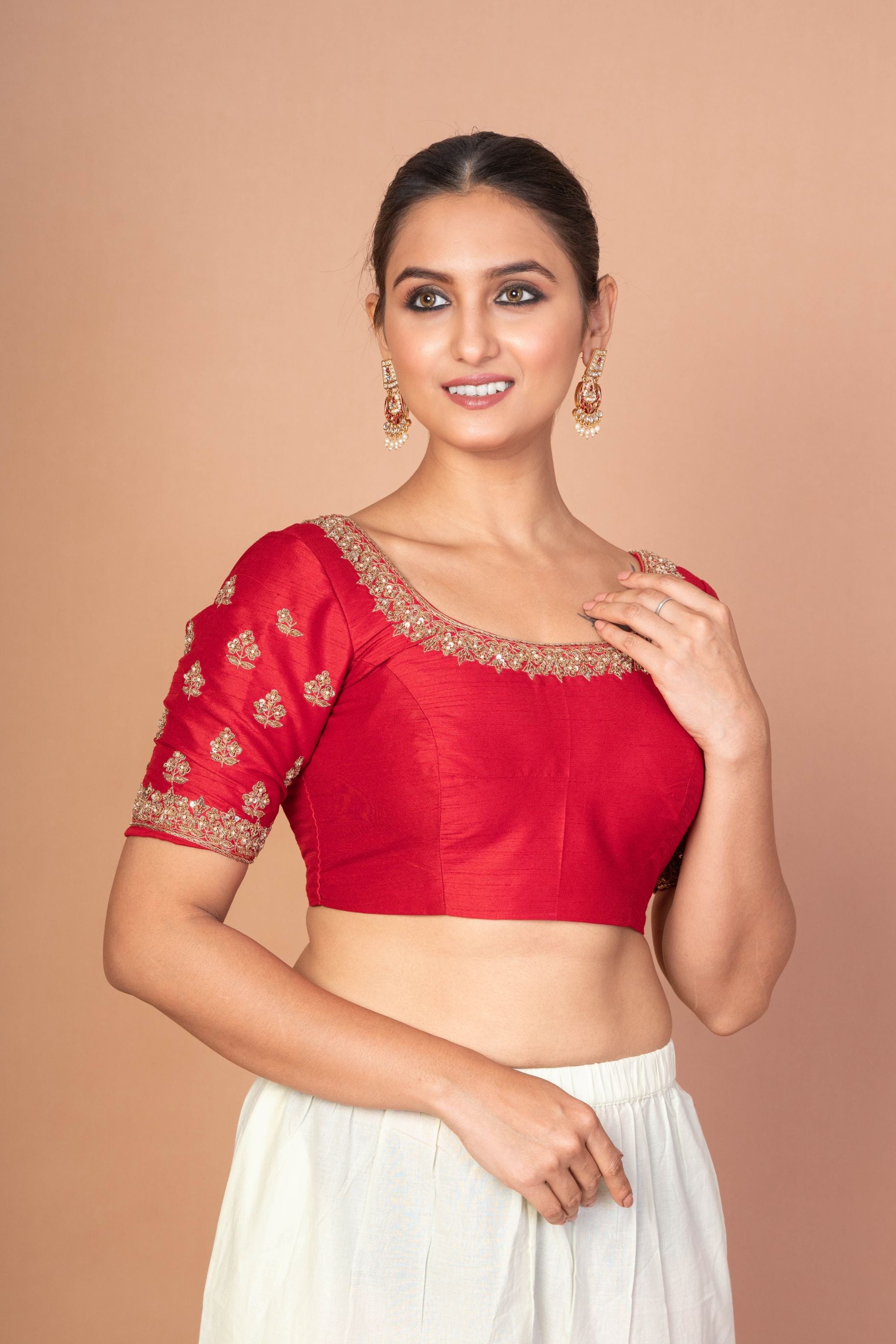 Red Hand  Embroidered Raw Silk Blouse with Round Neckline img 2