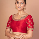 Red Hand  Embroidered Raw Silk Blouse with Round Neckline img 3