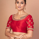 Red Hand  Embroidered Raw Silk Blouse with Round Neckline img 3