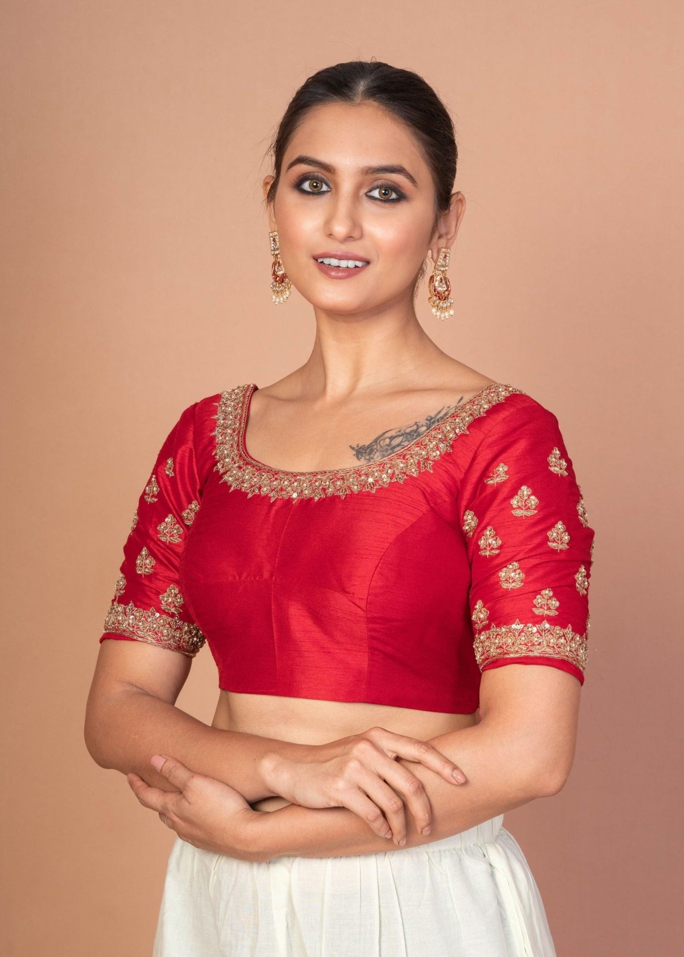Red Hand Embroidered Raw Silk Blouse with Round Neckline - Anvi Couture