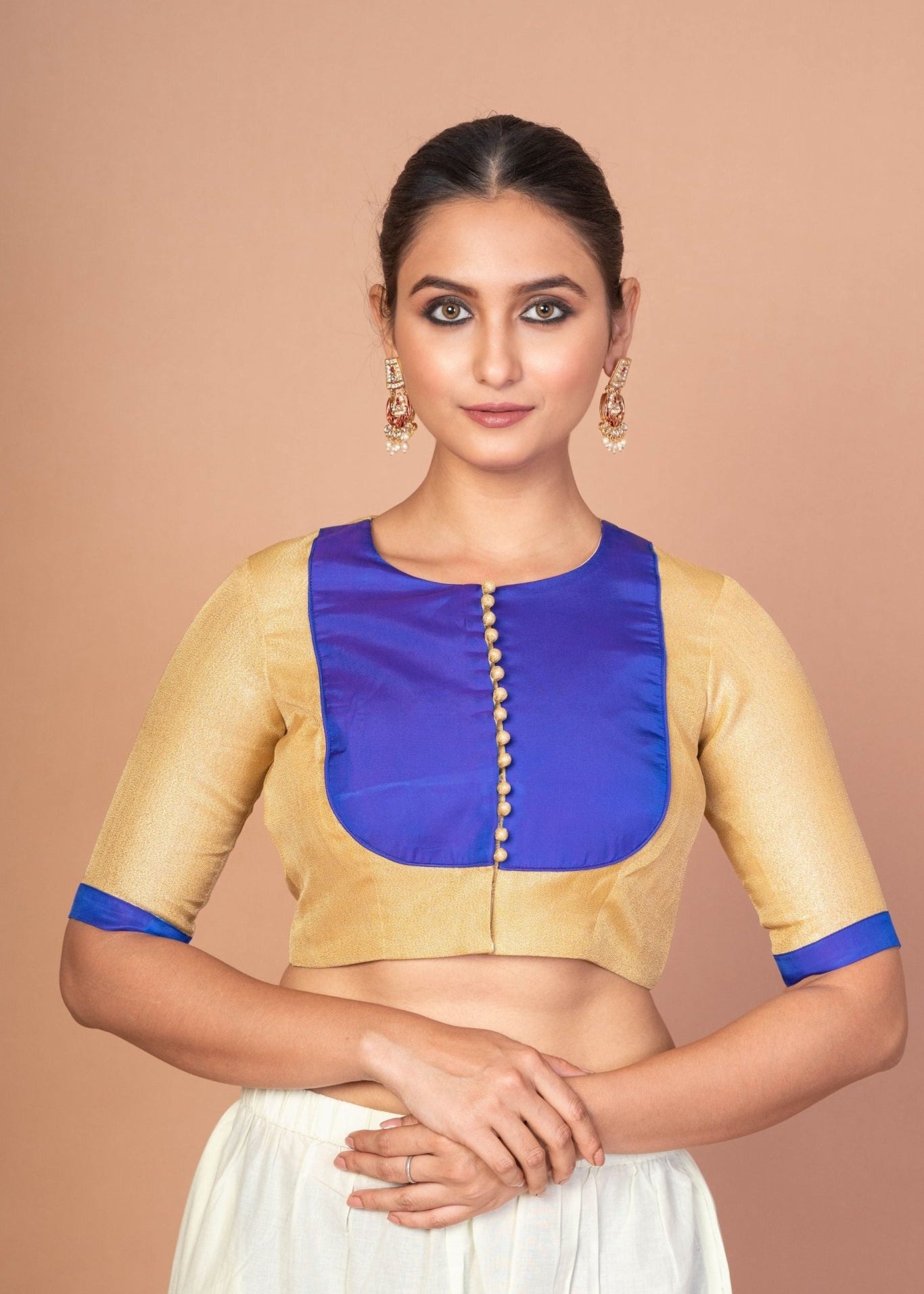 Blue and Golden Designer Blouse with Elbow Sleeves with Back Closer - Anvi Couture