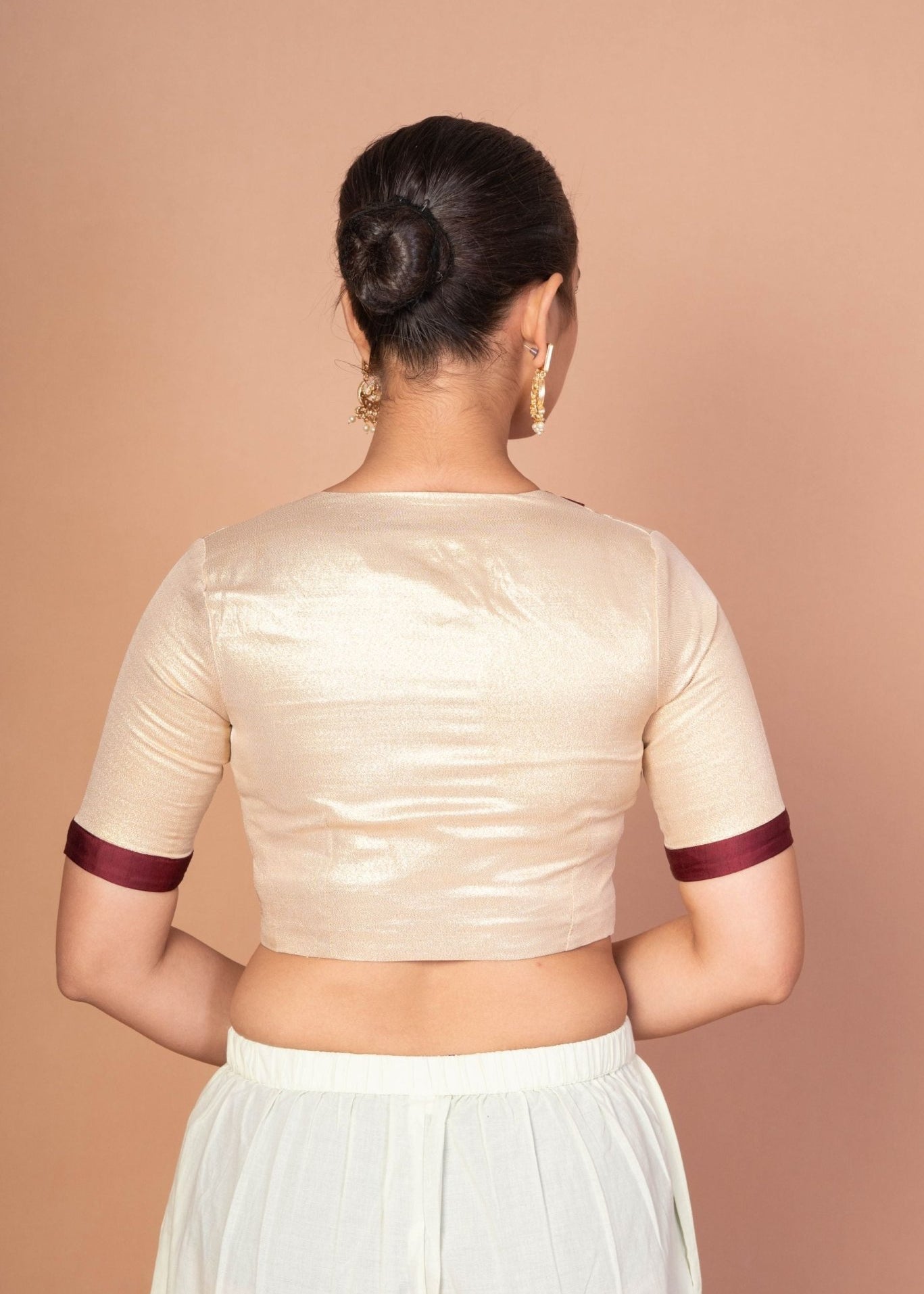 Maroon and Golden Designer Blouse with Elbow Sleeves with Back Closer - Anvi Couture