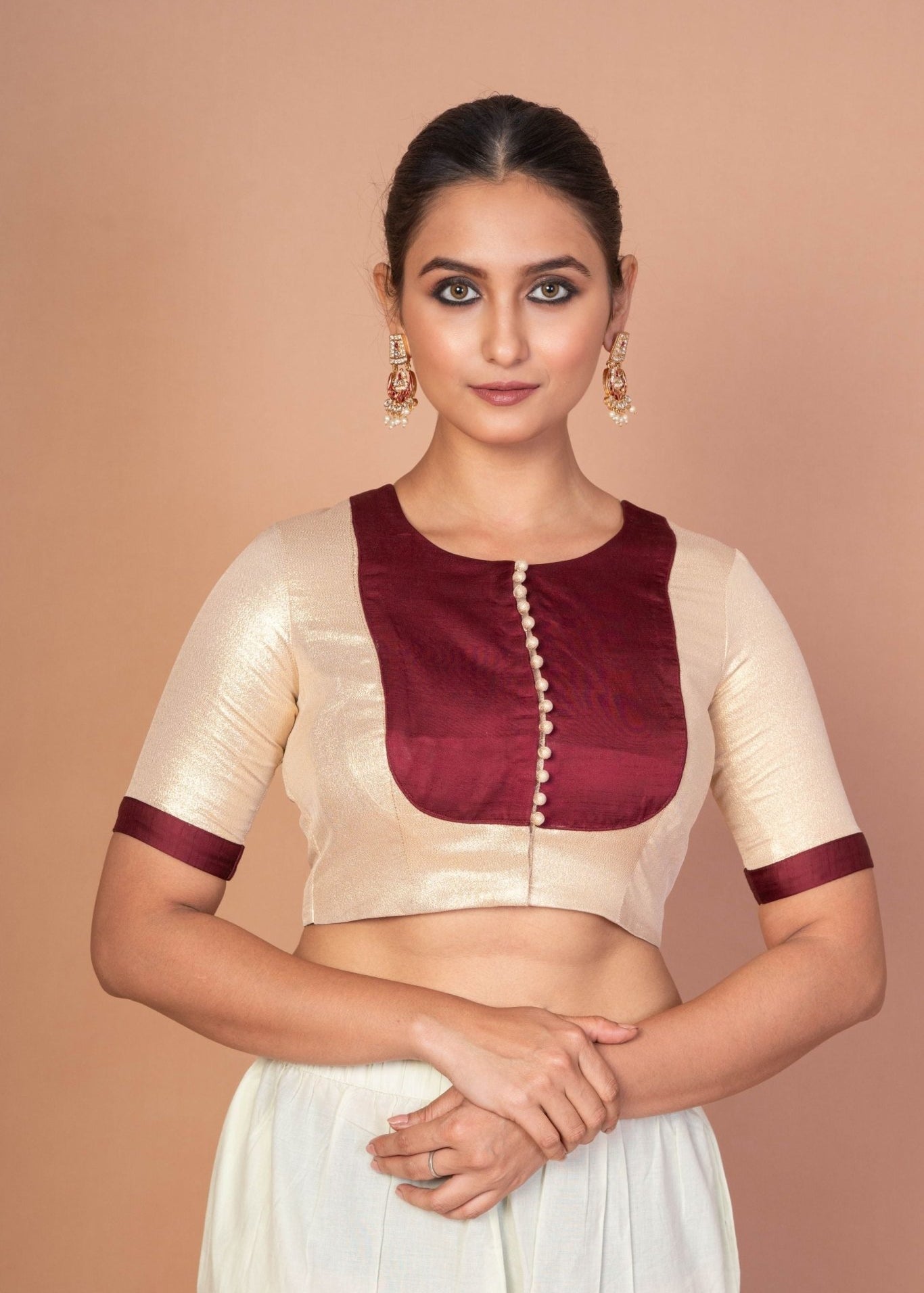 Maroon and Golden Designer Blouse with Elbow Sleeves with Back Closer - Anvi Couture