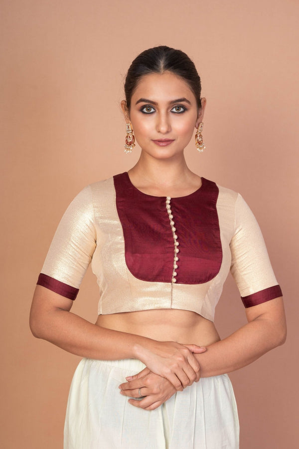Maroon and Golden Designer Blouse with Elbow Sleeves with Back Closer - Anvi Couture