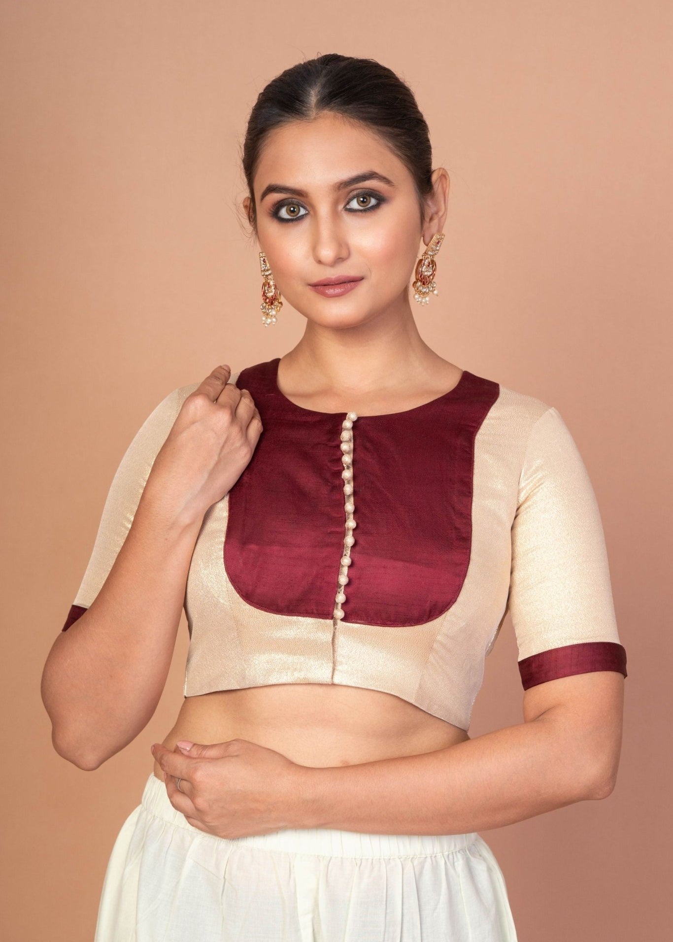 Maroon and Golden Designer Blouse with Elbow Sleeves with Back Closer - Anvi Couture