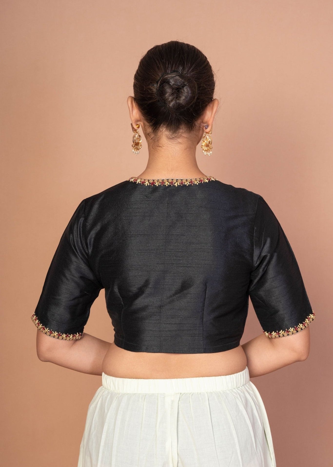 Black Raw Silk Blouse with Red & Gold Hand Embroidery, Scoop Neck & Elbow Sleeves - Anvi Couture