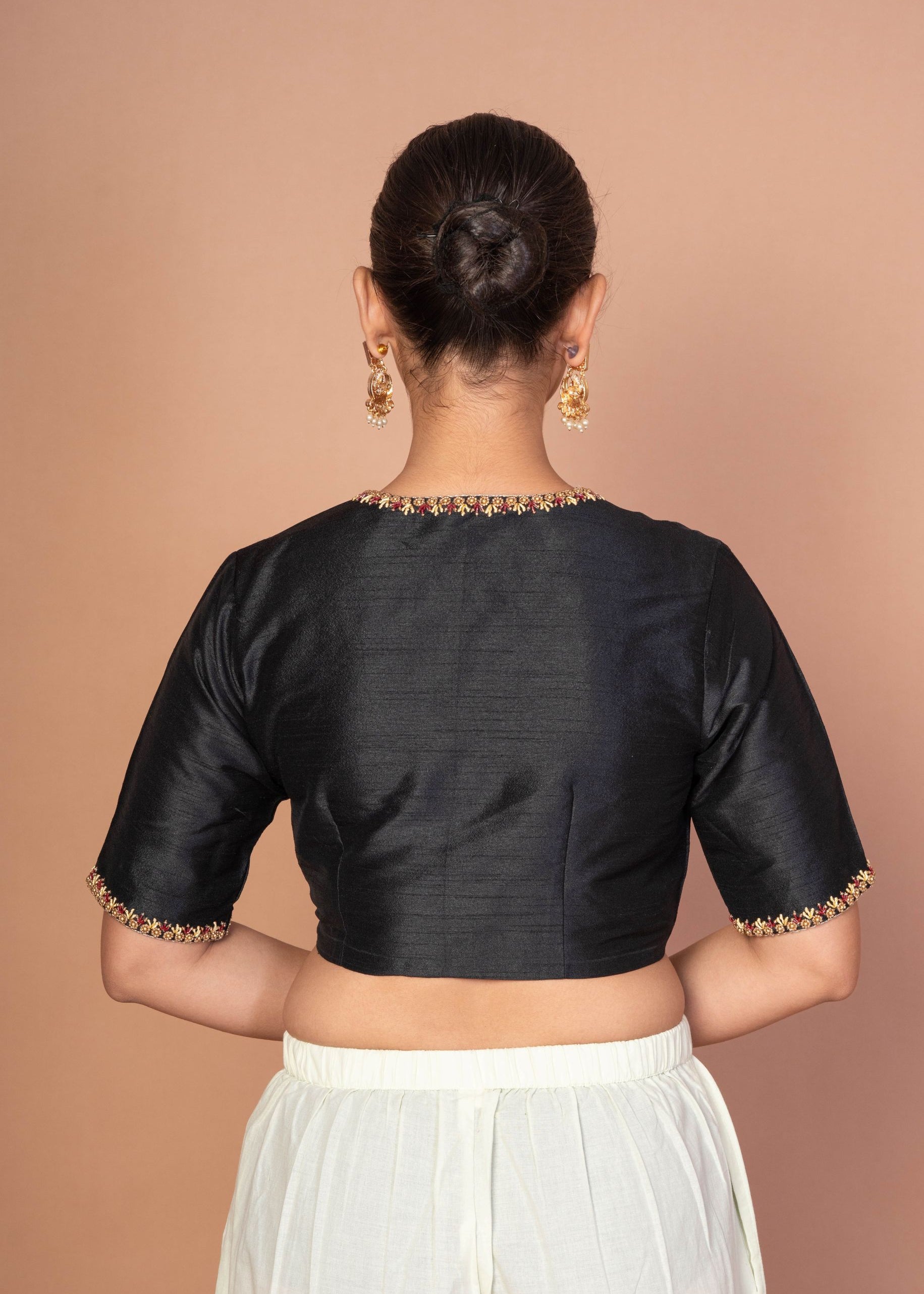 Black Raw Silk Blouse with Red & Gold Hand Embroidery, Scoop Neck & Elbow Sleeves image 4