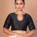 Black Raw Silk Blouse with Red & Gold Hand Embroidery, Scoop Neck & Elbow Sleeves image 1