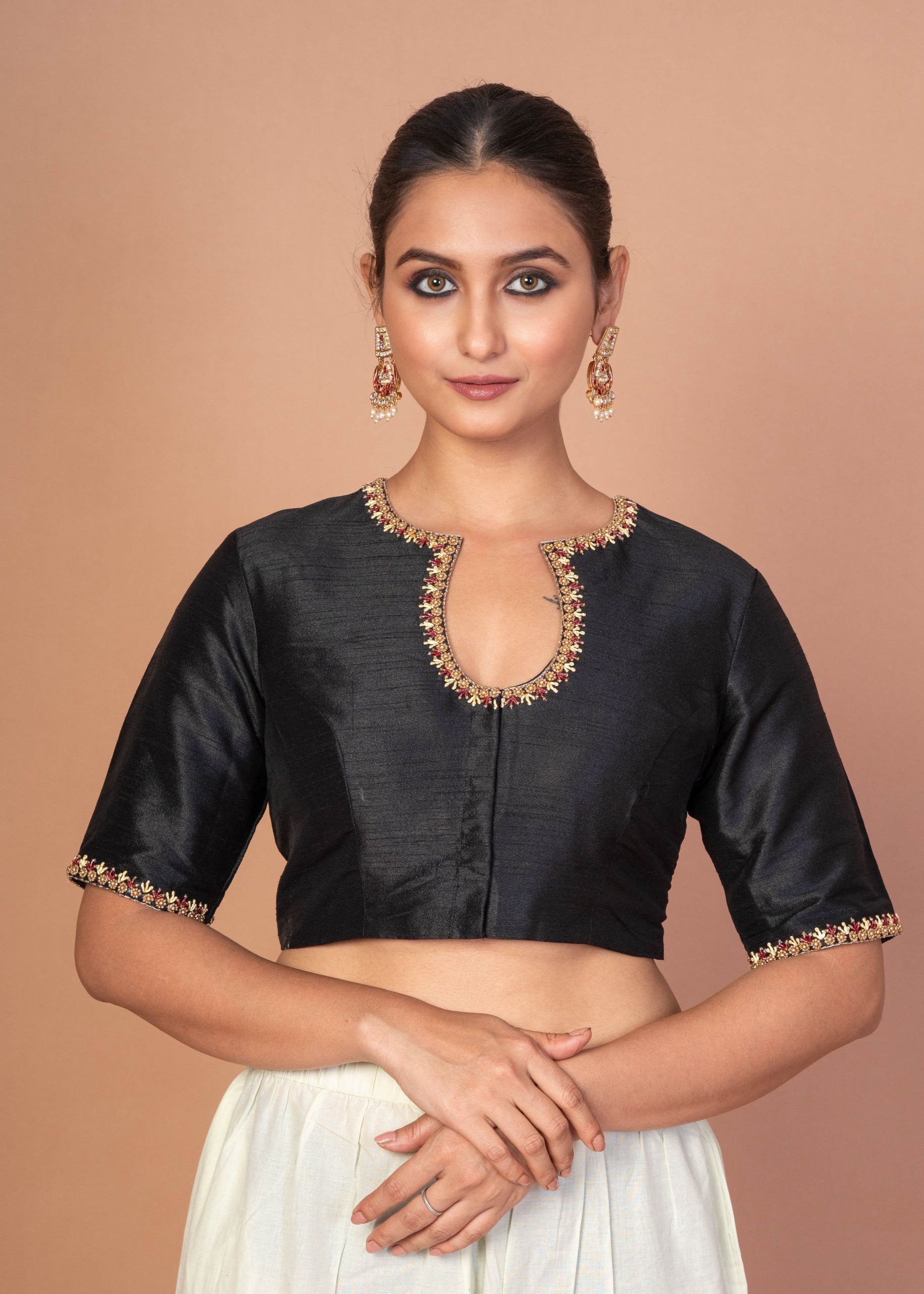 Black Raw Silk Blouse with Red & Gold Hand Embroidery, Scoop Neck & Elbow Sleeves image 1