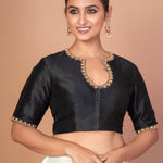 Black Raw Silk Blouse with Red & Gold Hand Embroidery, Scoop Neck & Elbow Sleeves image 3