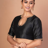 Black Raw Silk Blouse with Red & Gold Hand Embroidery, Scoop Neck & Elbow Sleeves image 2