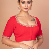 Red Hand-Embroidered Blouse with Round Neck and Back Closure
img 2