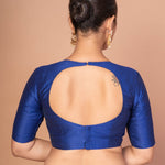 Elegant Blue & White Raw Silk Elbow Sleeve Blouse with Back Round Cutout image 4