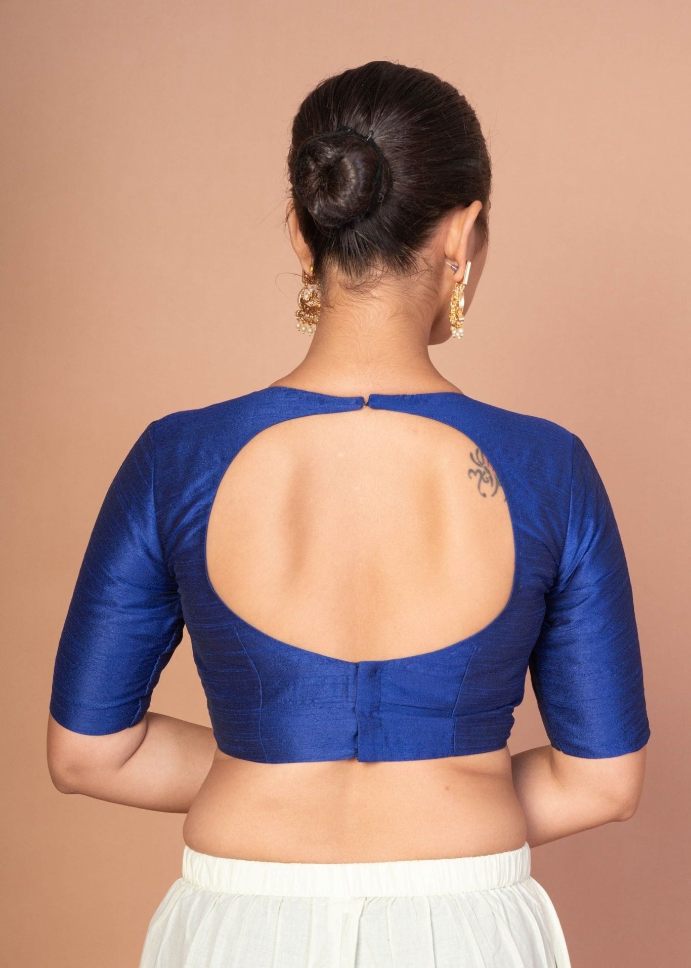 Elegant Blue & White Raw Silk Elbow Sleeve Blouse with Back Round Cutout - Anvi Couture