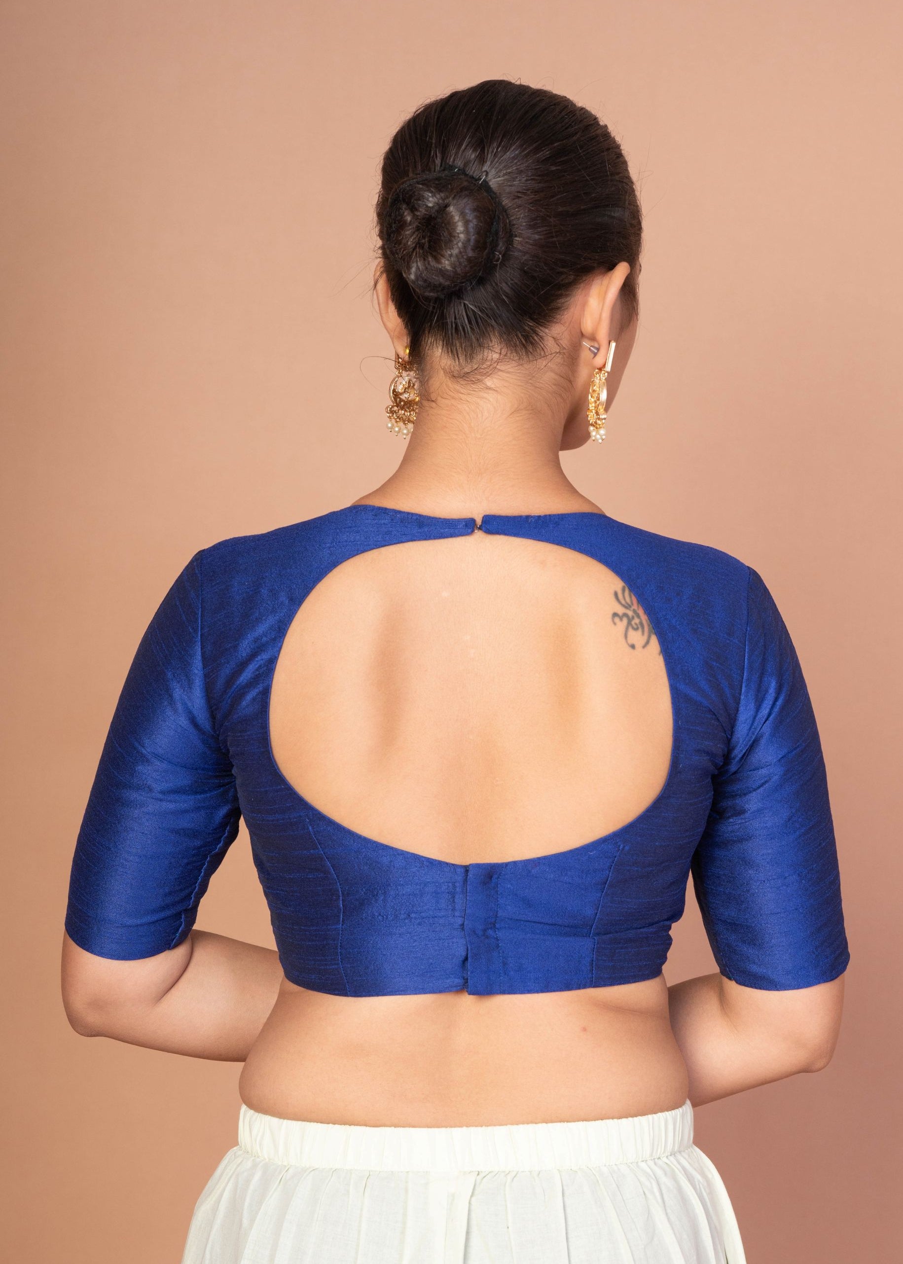  Elegant Blue & White Raw Silk Elbow Sleeve Blouse with Back Round Cutout image 4