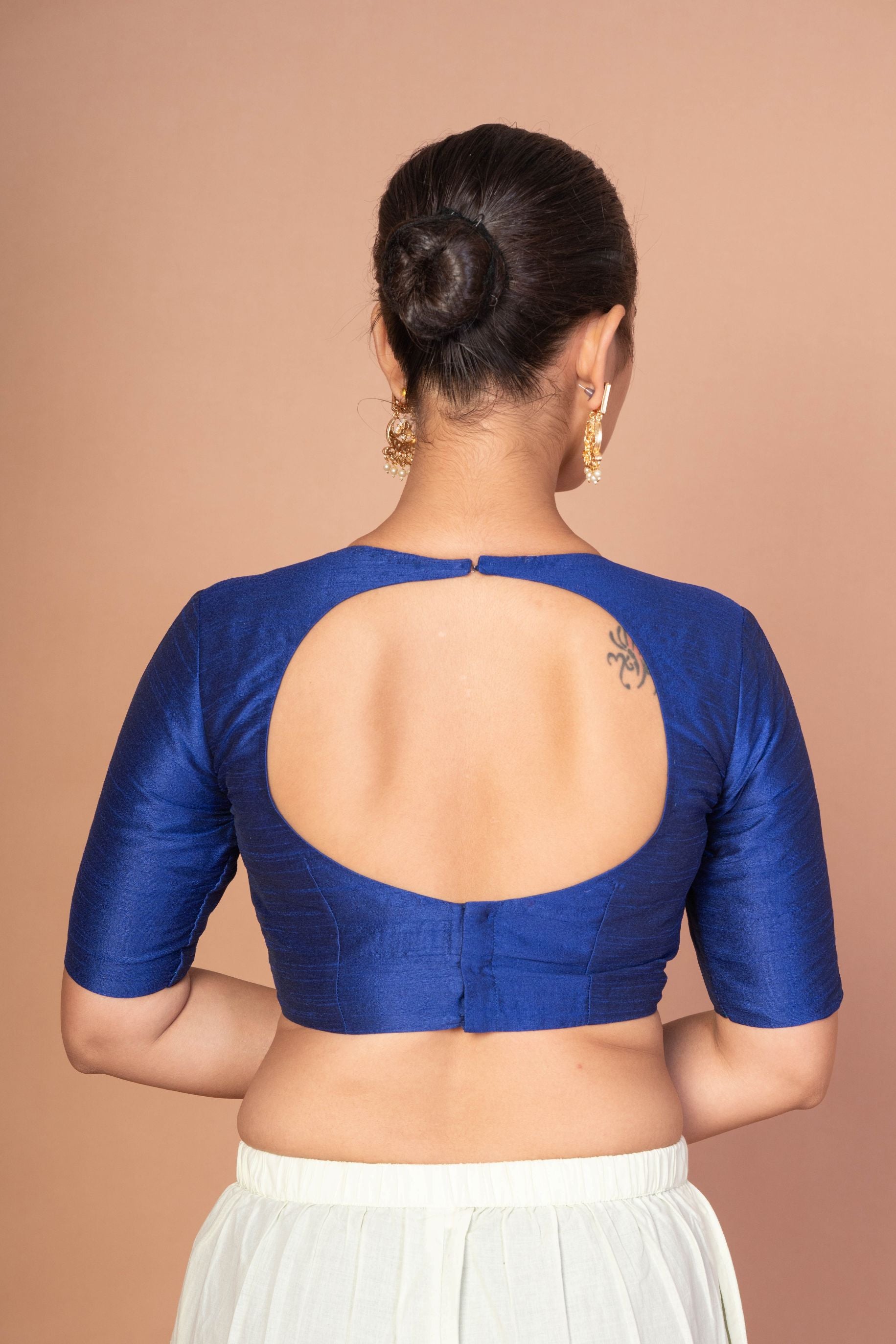  Elegant Blue & White Raw Silk Elbow Sleeve Blouse with Back Round Cutout image 4