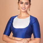  Elegant Blue & White Raw Silk Elbow Sleeve Blouse with Back Round Cutout image 3