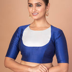  Elegant Blue & White Raw Silk Elbow Sleeve Blouse with Back Round Cutout image 2