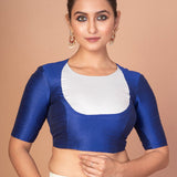  Elegant Blue & White Raw Silk Elbow Sleeve Blouse with Back Round Cutout image 1