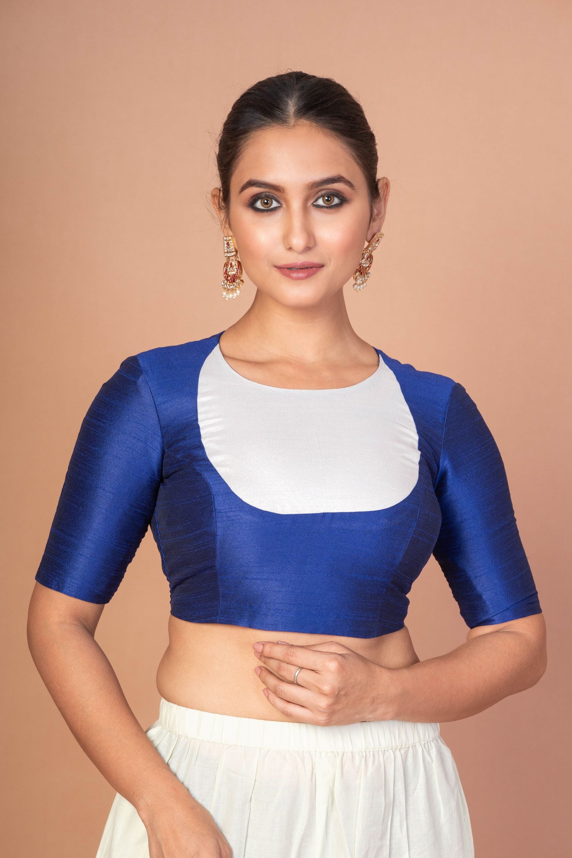  Elegant Blue & White Raw Silk Elbow Sleeve Blouse with Back Round Cutout image 1