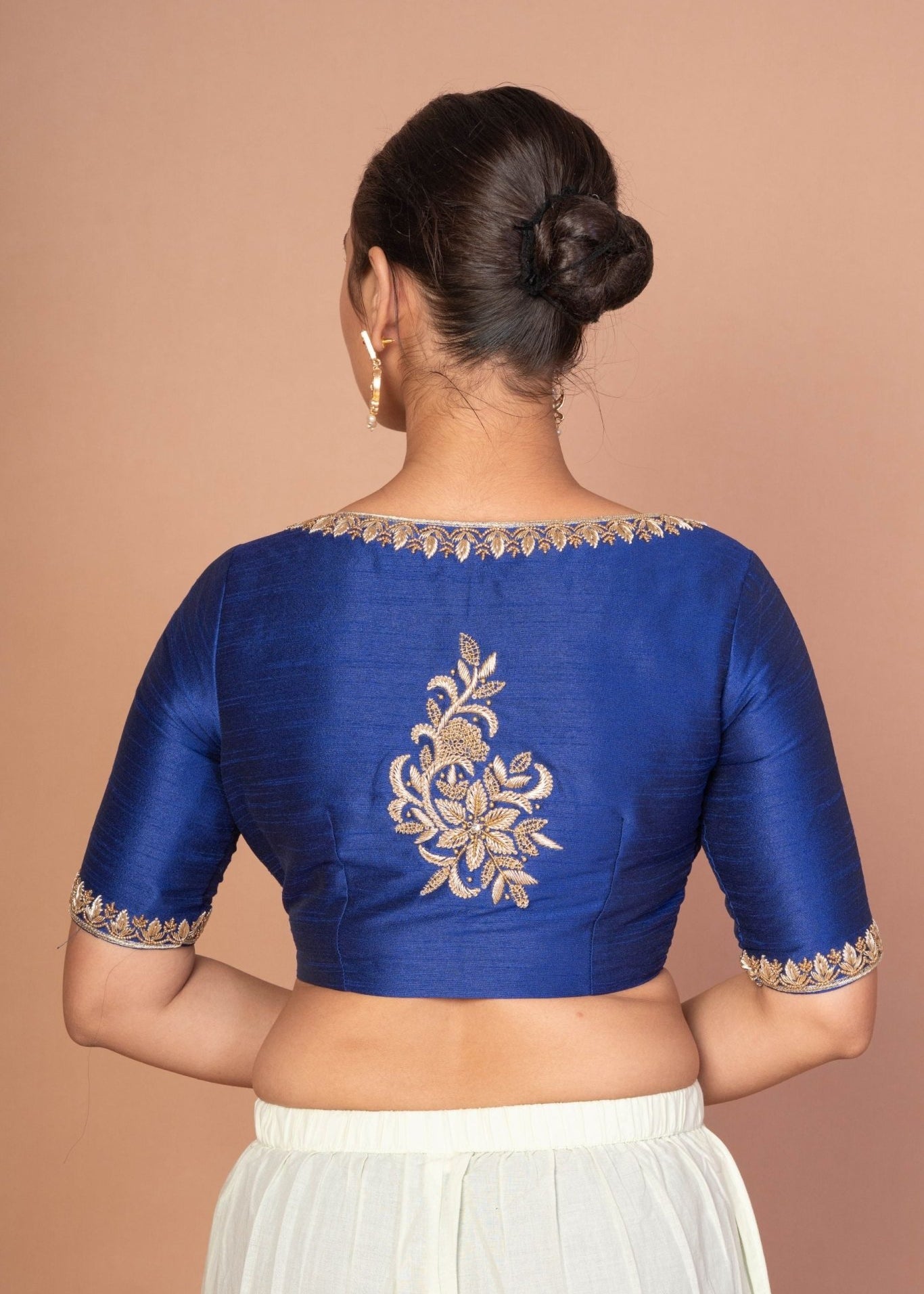 Blue Hand - Embroidered Blouse with Round Neck and Back Closure - Anvi Couture