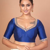 Blue Hand-Embroidered Blouse with Round Neck and Back Closure
image 1