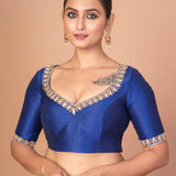 Blue Hand-Embroidered Blouse with Round Neck and Back Closure
image 4