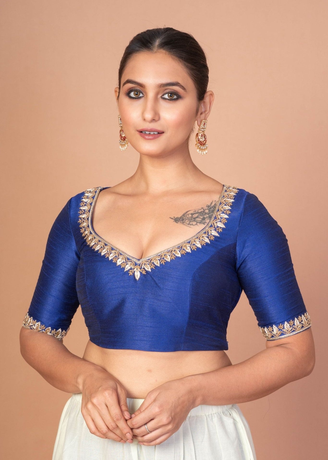 Blue Hand - Embroidered Blouse with Round Neck and Back Closure - Anvi Couture