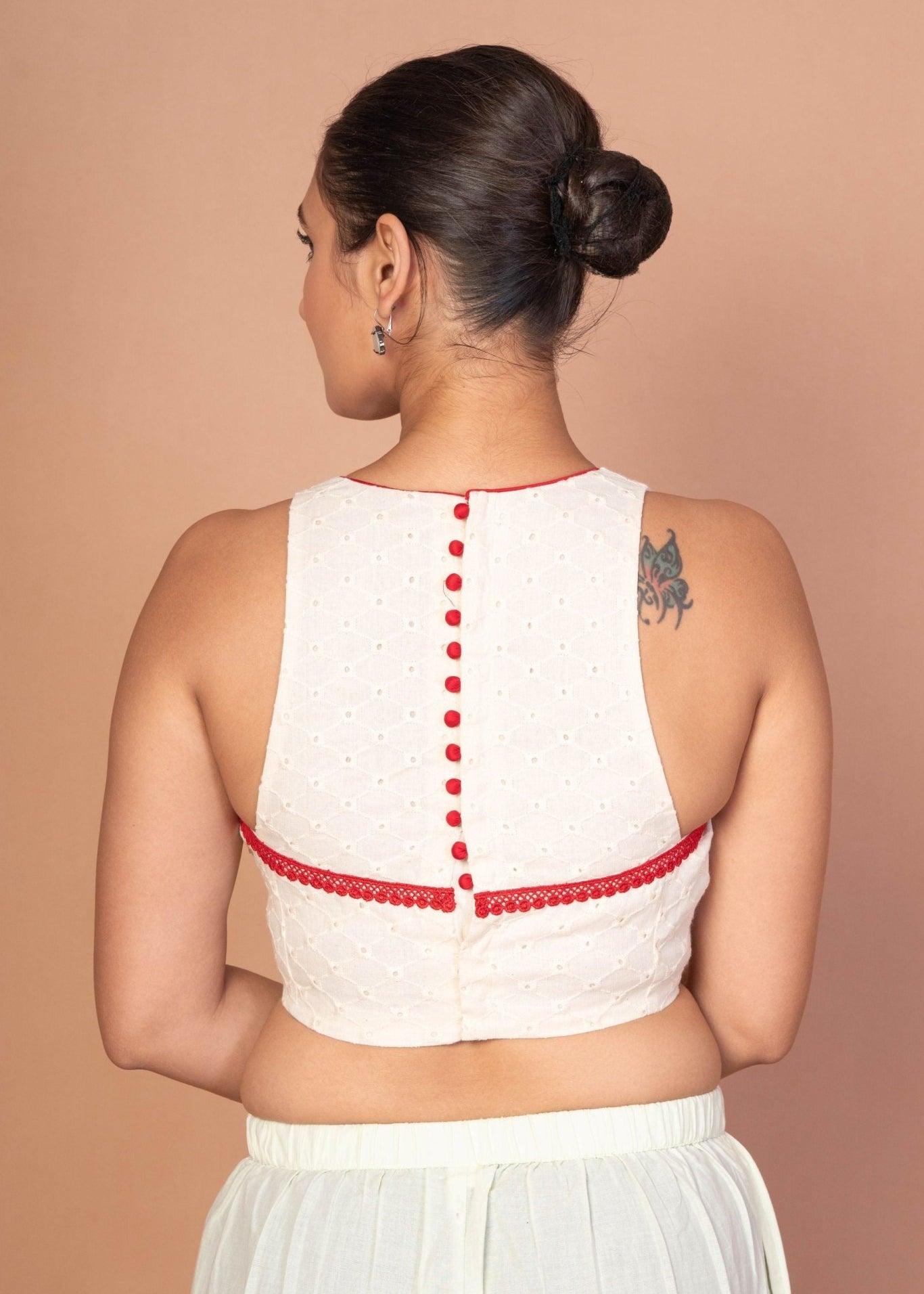 Designer White Hakoba Blouse with Sleeveless Cut and Red Lace Embroidery - Anvi Couture