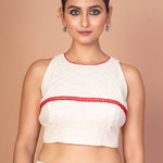 Designer White Hakoba Blouse with Sleeveless Cut and Red Lace Embroidery img 1