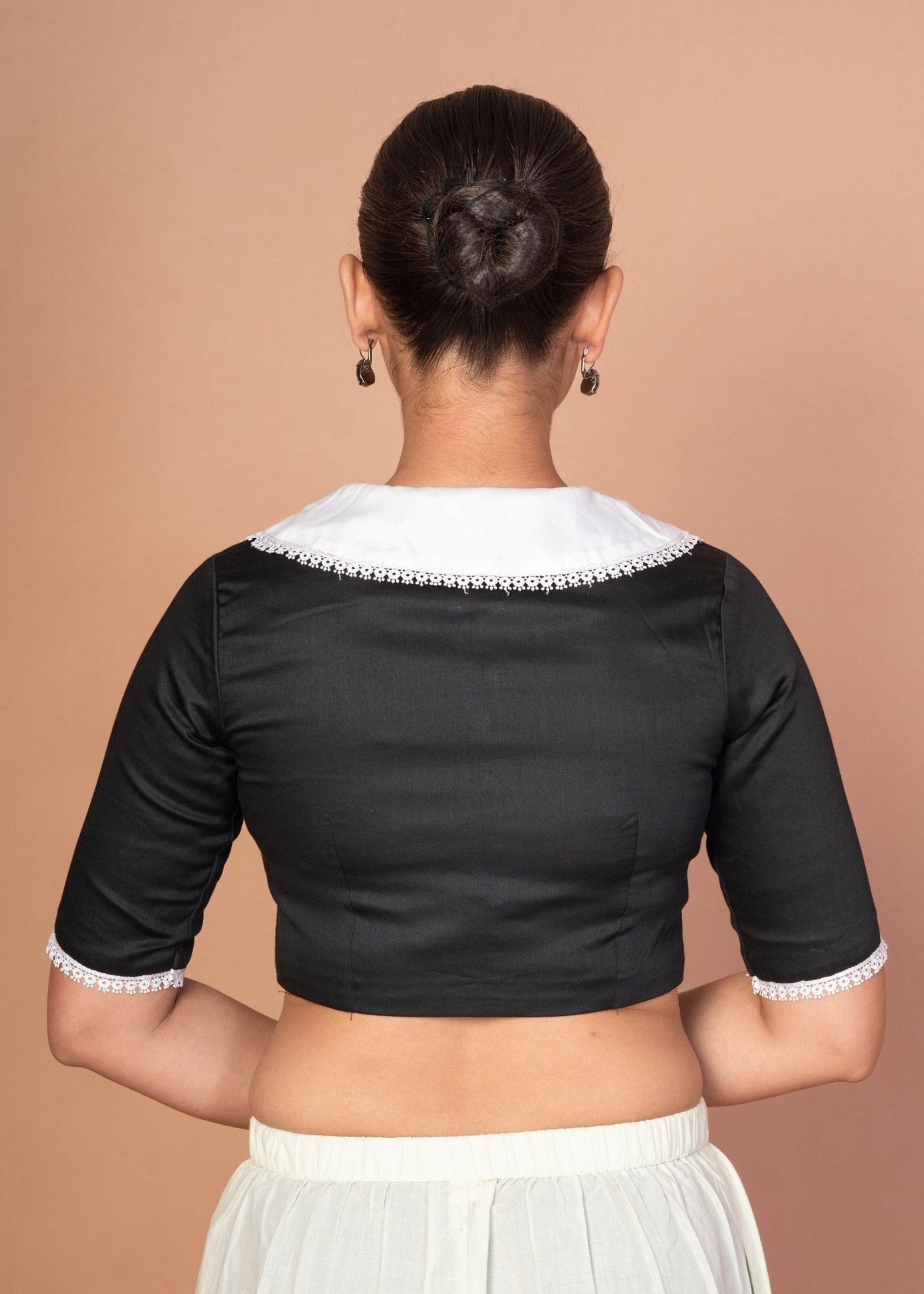 Classic Black and White Blouse with Collar, Elbow Sleeves, and Lace Embroidery - Anvi Couture