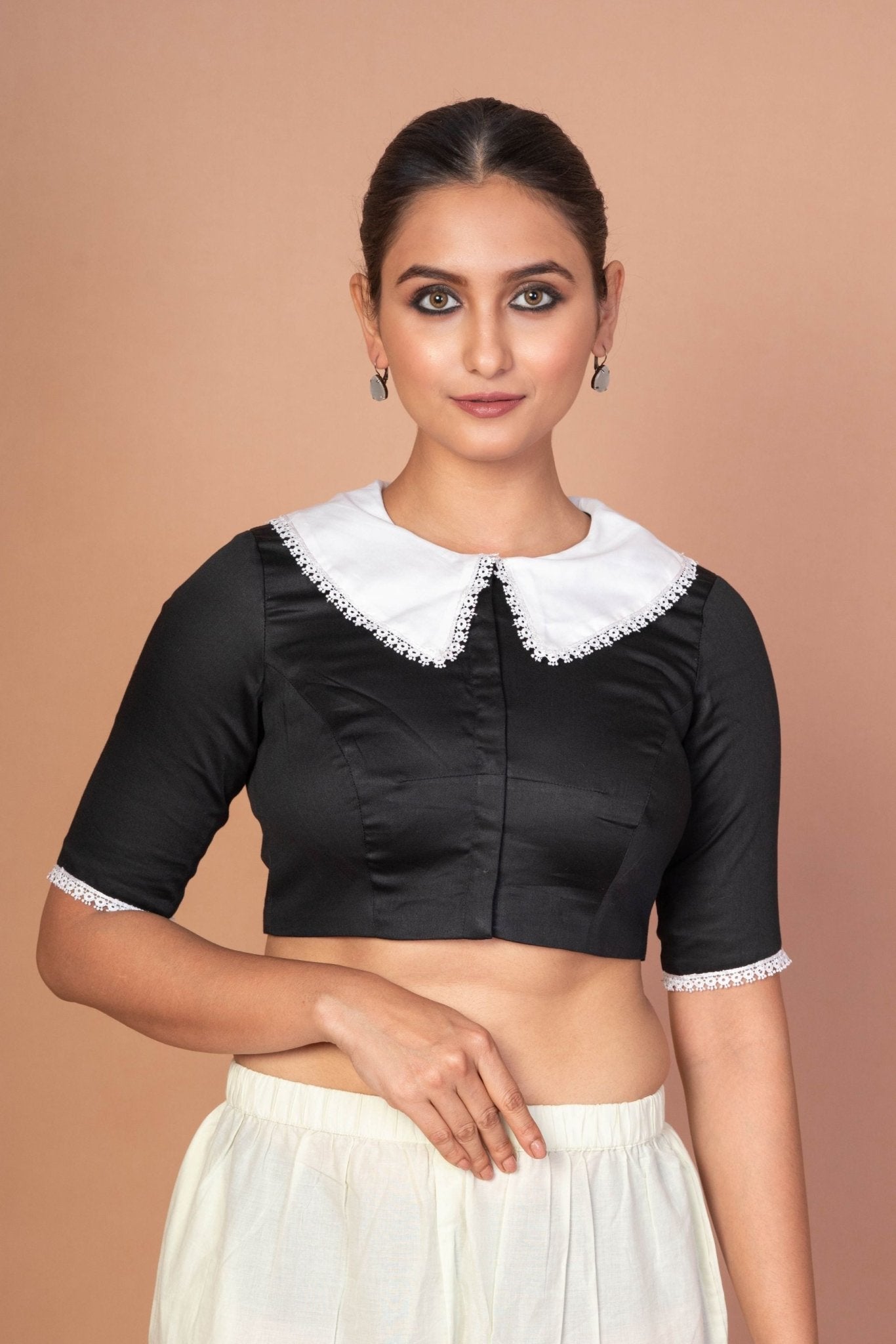 Classic Black and White Blouse with Collar, Elbow Sleeves, and Lace Embroidery - Anvi Couture