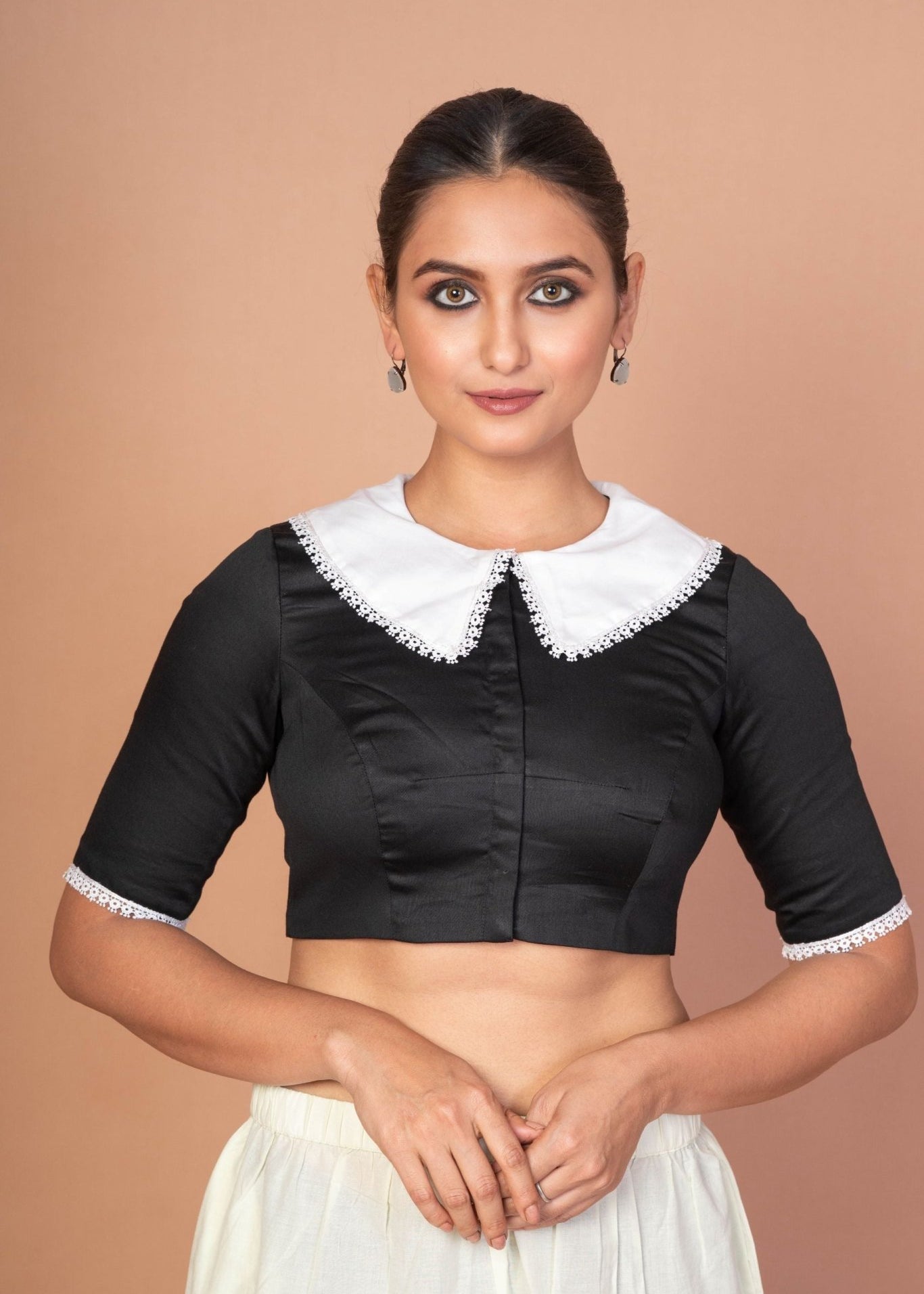 Classic Black and White Blouse with Collar, Elbow Sleeves, and Lace Embroidery - Anvi Couture
