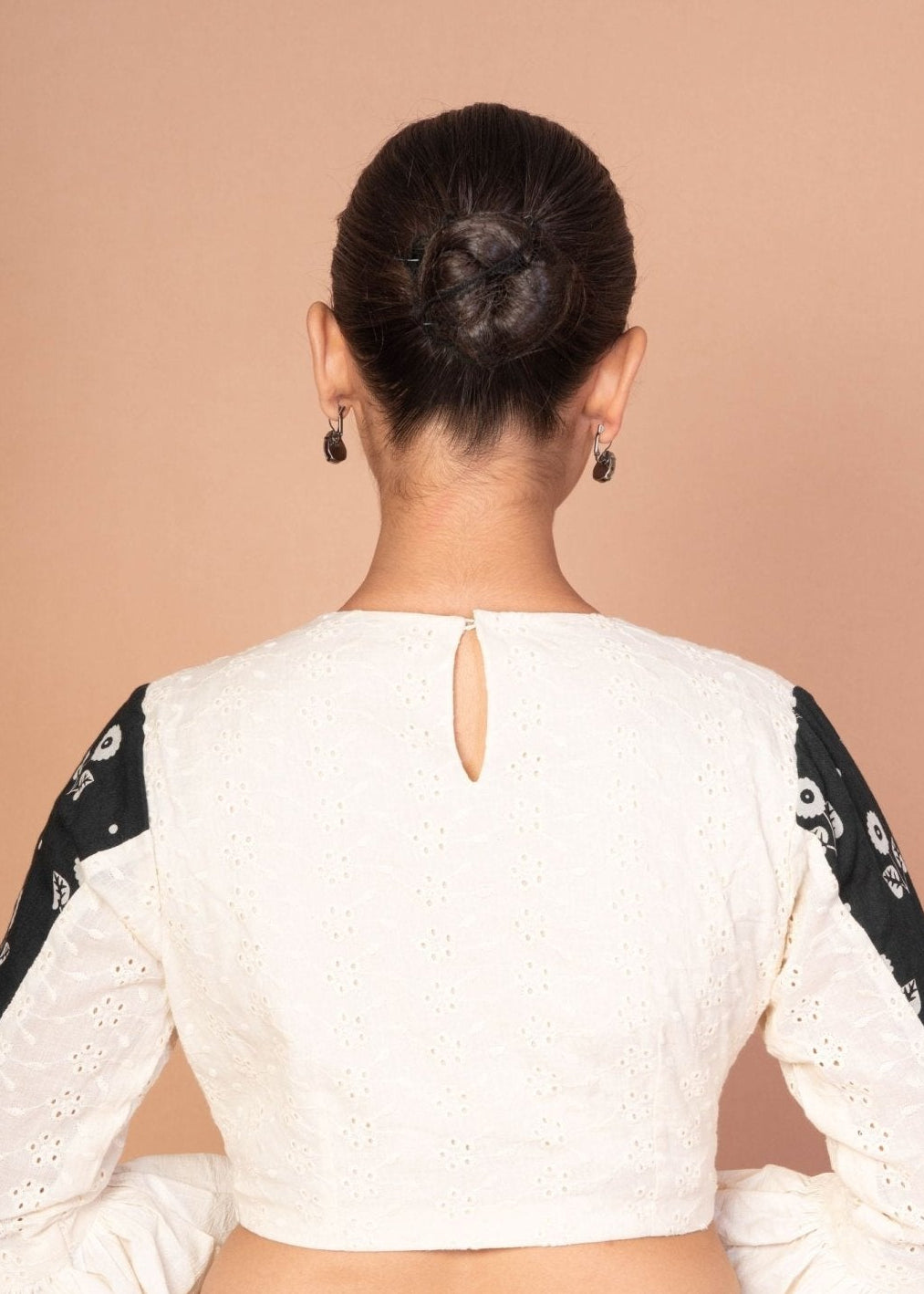 Chic White Hakoba Blouse with Stylish Back Print and Ruffle Sleeves - Anvi Couture