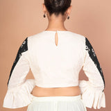 Chic White Hakoba Blouse with Stylish Back Print and Ruffle Sleeves - Anvi Couture