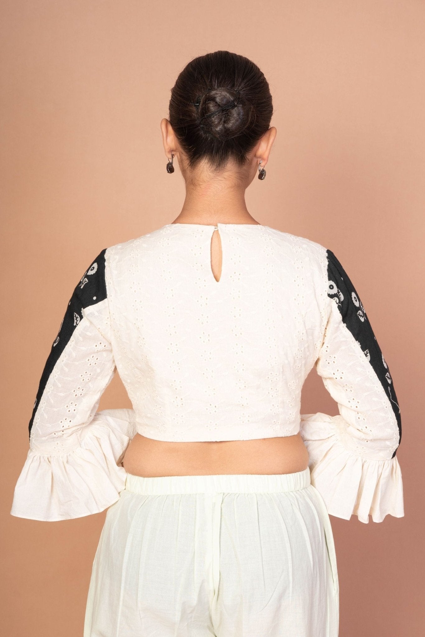 Chic White Hakoba Blouse with Stylish Back Print and Ruffle Sleeves - Anvi Couture