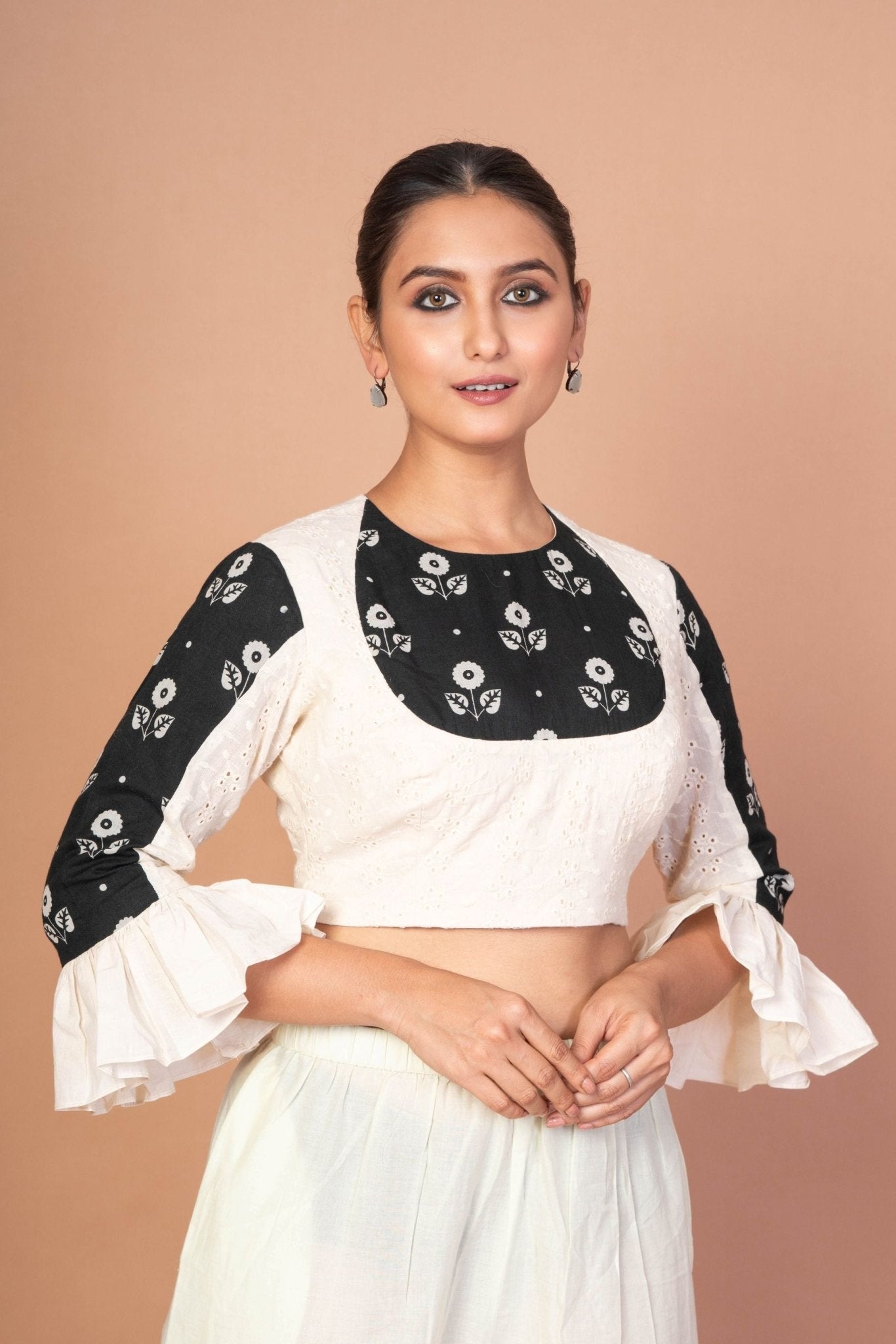 Chic White Hakoba Blouse with Stylish Back Print and Ruffle Sleeves - Anvi Couture