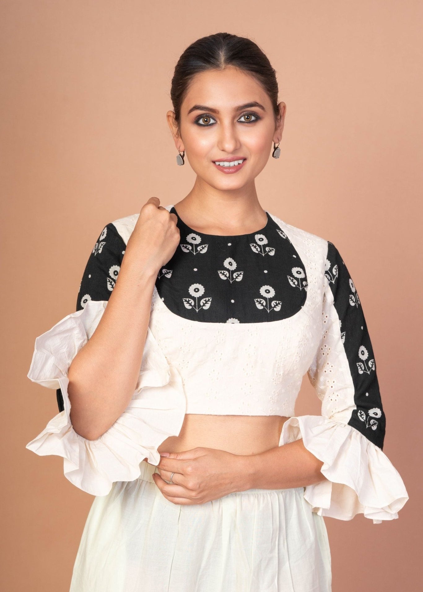 Chic White Hakoba Blouse with Stylish Back Print and Ruffle Sleeves - Anvi Couture