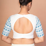  Classic White Sweetheart Neckline Blouse with Printed Blue Sleeves and Back Closure
img 4
